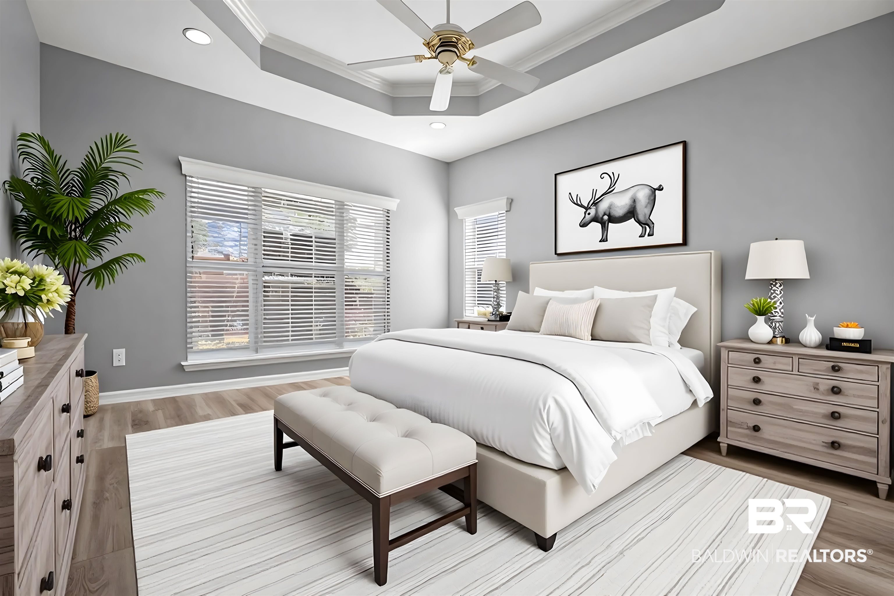 615 Summerlake Place Mobile, AL 36608 - Photo 16 of 35 Bedroom with ornamental molding, light wood-style floors, ceiling fan, a raised ceiling, and recessed lighting
