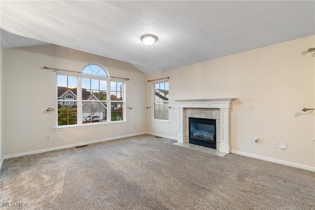 1333 Derbydale Road Akron, OH 44306 - Photo 4 of 29 Living room with natural light, a gas fireplace, neutral carpet and paint.