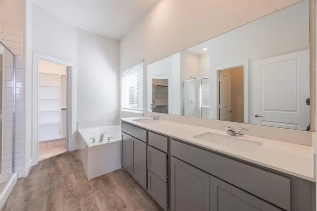 a bathroom with a tub sink and mirror