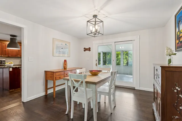 a view of a dining room with furniture window and wooden floor