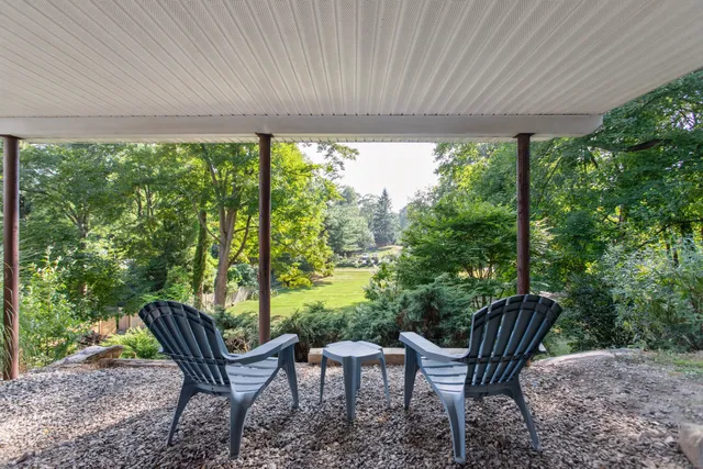a view of a patio with table and chairs potted plants with large tree