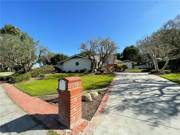 a view of a park with large trees