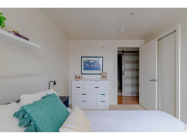 a bedroom with a bed and a cabinets