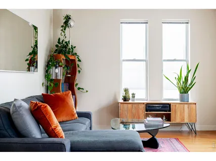 a living room with furniture and a potted plant