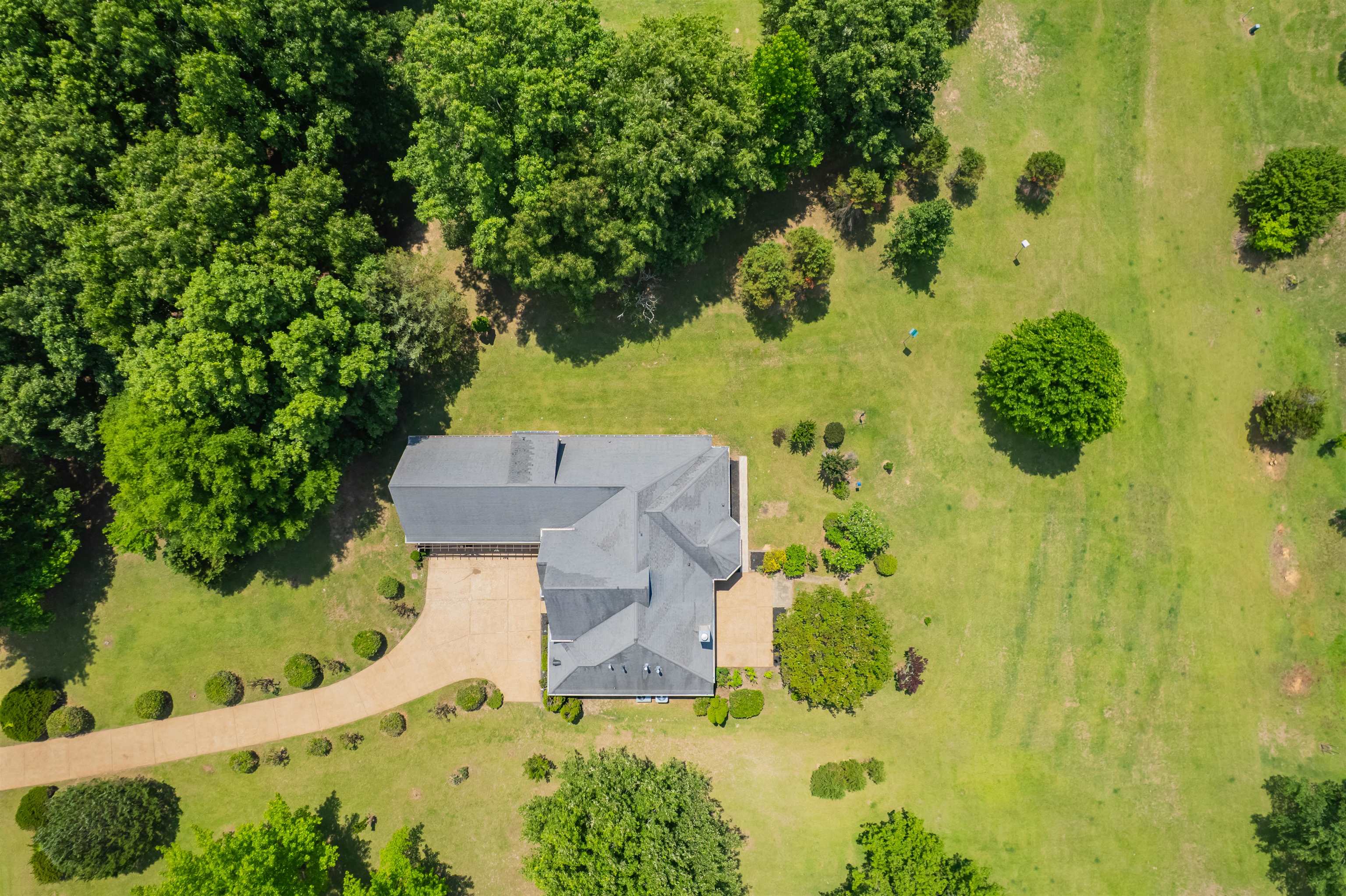 5035 Brian Ridge Road Arlington, TN 38002 - Photo 32 of 40 Expansive property featuring a large residence with a dark gray roof, a curved asphalt driveway, and mature landscaping