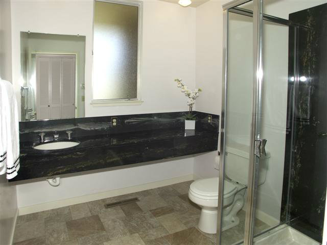 2705 Ribera Road Carmel, CA 93923 - Photo 12 of 22 a bathroom with a granite countertop sink a toilet a mirror and shower
