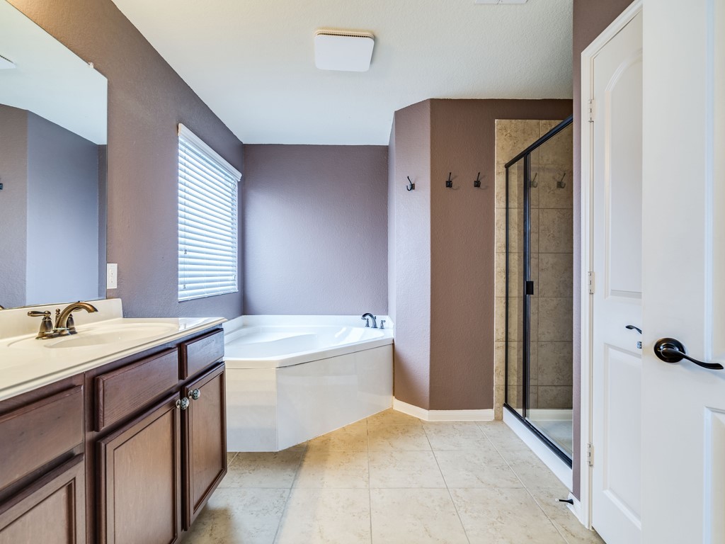 216 Isabel Lane Kyle, TX 78640 - Photo 16 of 27 a bathroom with a tub sink shower and mirror