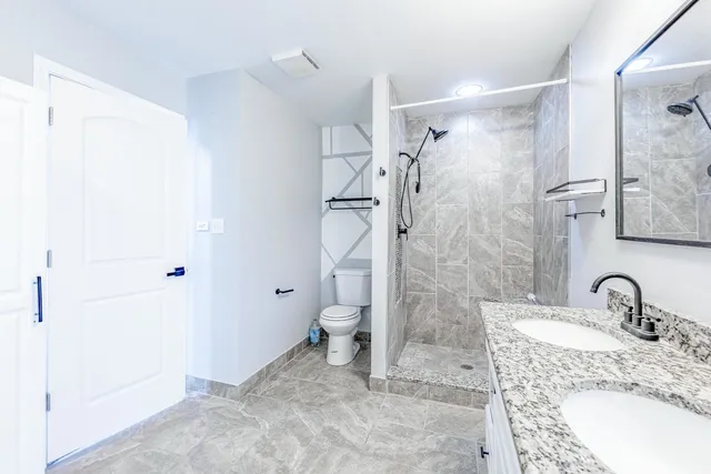 a bathroom with a granite countertop sink toilet and shower