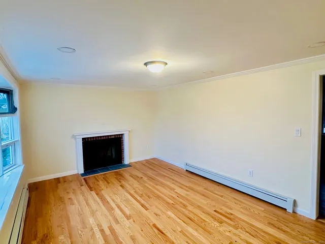 a view of empty room with wooden floor