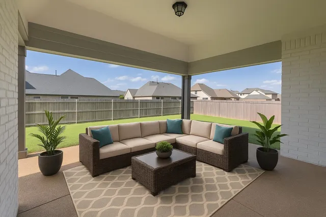 a living room with furniture potted plant and a large window