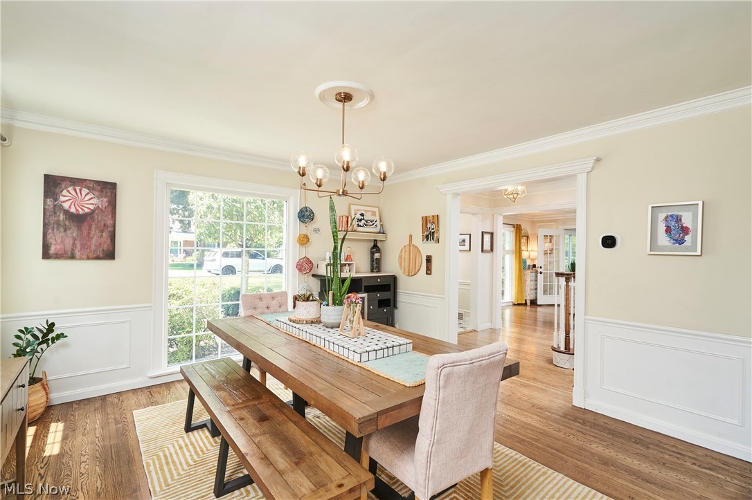 183 Overwood Road Akron, OH 44313 - Photo 12 of 34 Dining area featuring hardwood flooring, white wainscoting, and crown molding