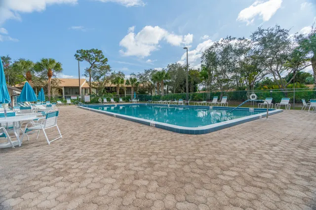 a view of a swimming pool with a yard and plants