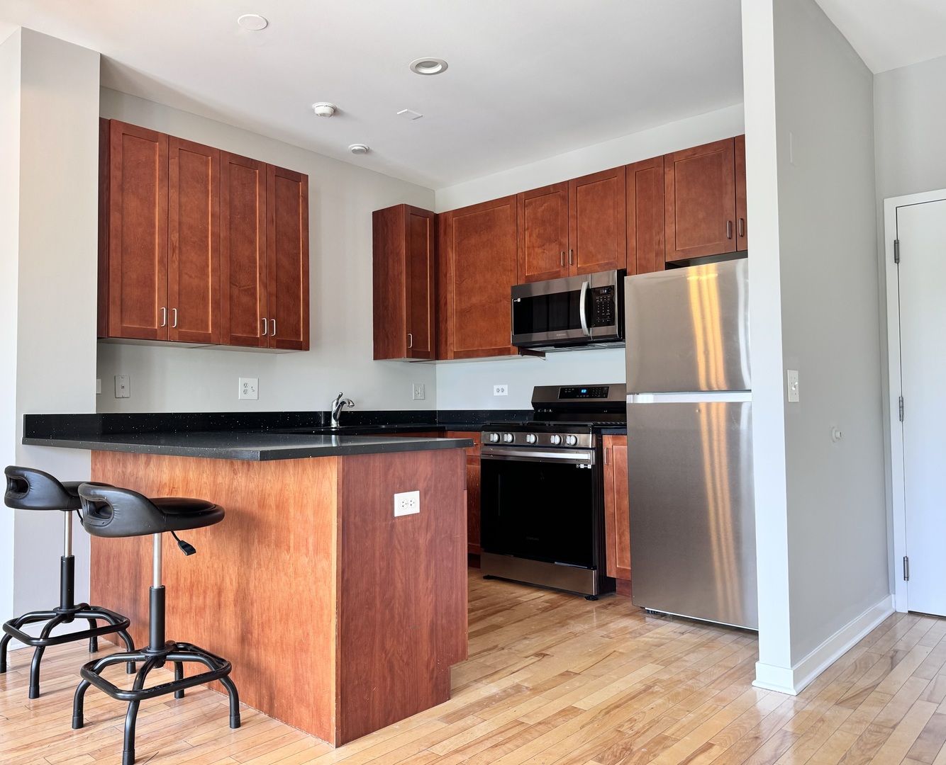 1075 West Roosevelt Road, Unit 305 Chicago, IL 60608 - Photo 13 of 23 a kitchen with stainless steel appliances granite countertop a refrigerator and a stove top oven