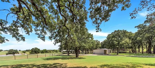 a view of a trees and yard in front of the house
