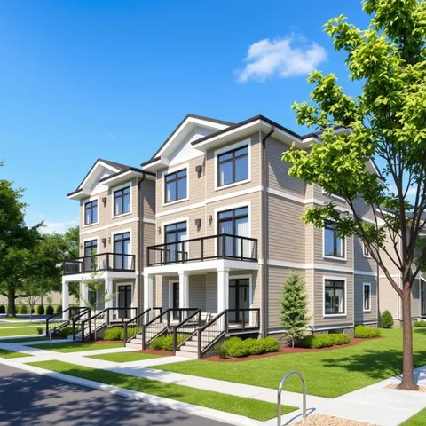 a front view of a building with garden and trees