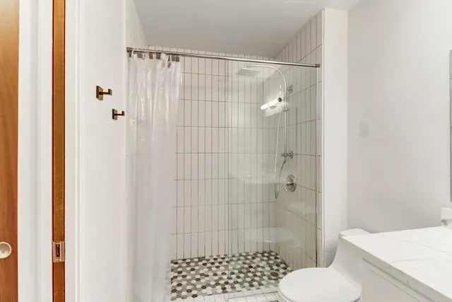 a bathroom with a shower and toilet