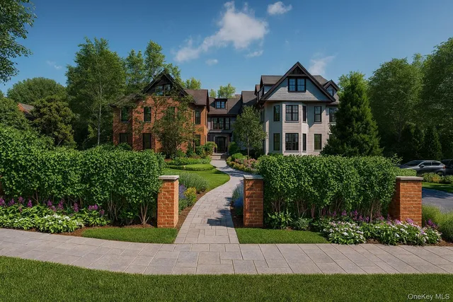 a front view of a house with a yard and potted plants