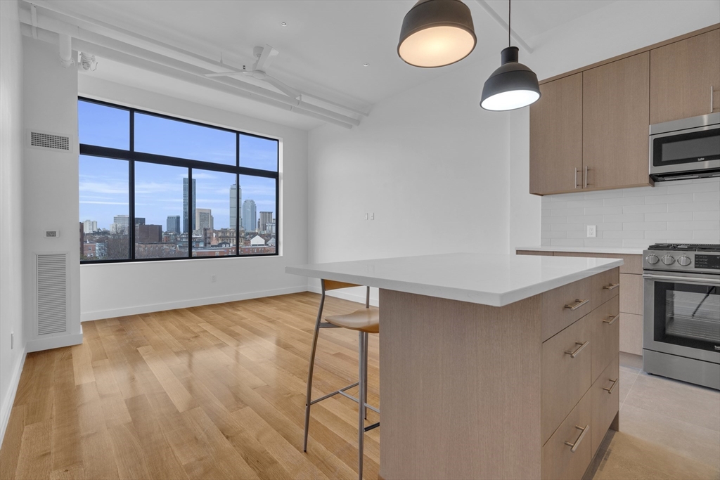 70-72 Northampton Street, Unit 502 Boston, MA 02118 - Photo 1 of 19 a kitchen with stainless steel appliances granite countertop a stove a sink and a microwave