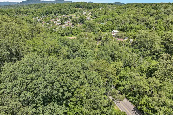 an aerial view of residential houses with outdoor space and trees