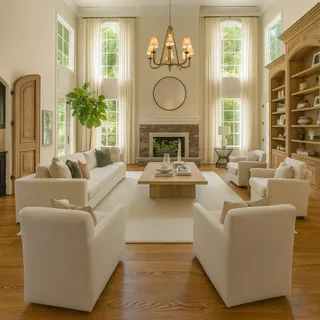 a living room with furniture fireplace and window