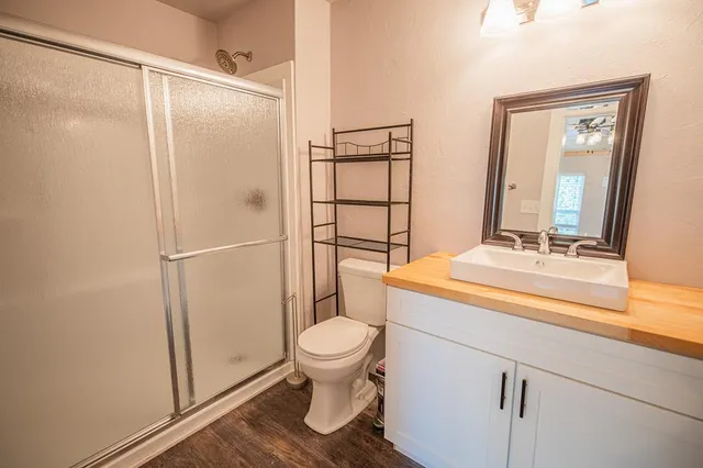 a bathroom with a sink a toilet a mirror and shower