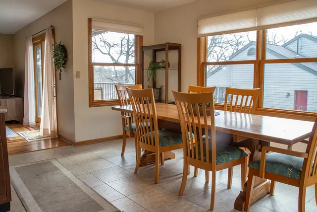 a view of a dining room with furniture window and outside view