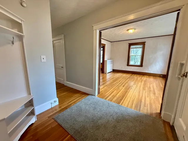 a view of a hallway with wooden floor and cabinet