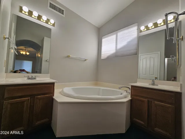 a bathroom with a tub a double vanity sink and a mirror
