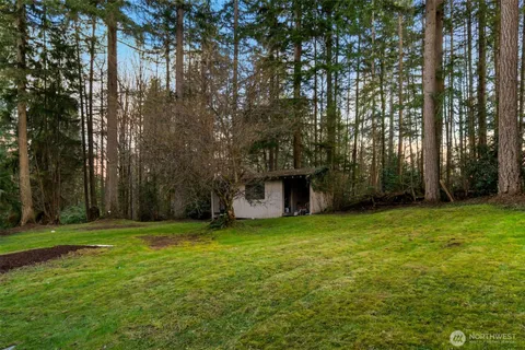 a aerial view of a house with a yard and large tree