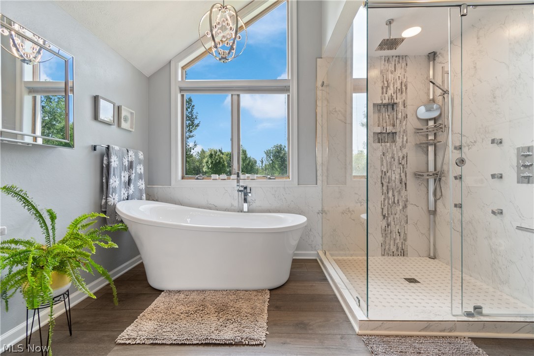 7300 Branch Road Medina, OH 44256 - Photo 20 of 34 Bathroom featuring lofted ceiling, plus walk in shower, tile walls, and plenty of natural light