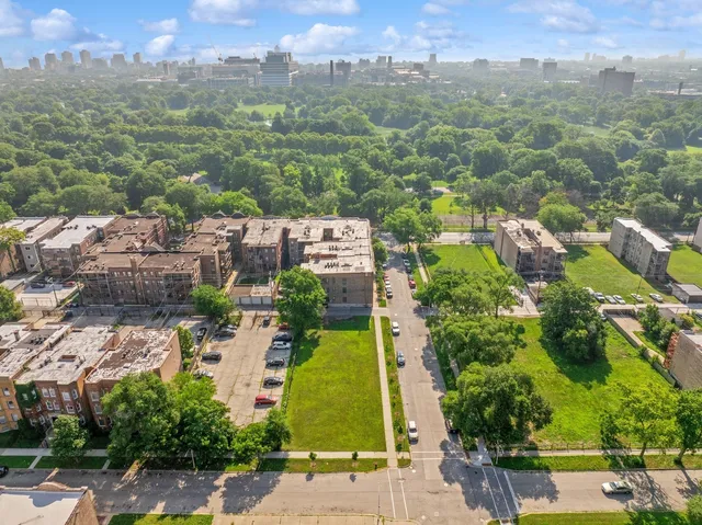 an aerial view of a house with a garden