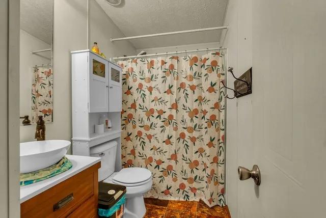 a bathroom with a sink toilet and shower