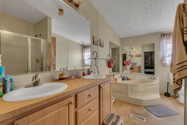 a bathroom with a sink double vanity granite and a mirror