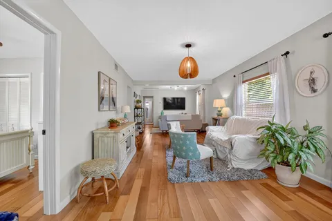 a living room with furniture potted plant and large window