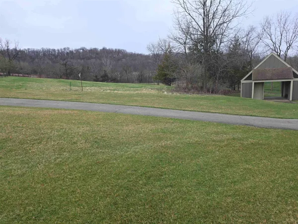 a view of a field with a trees in the background