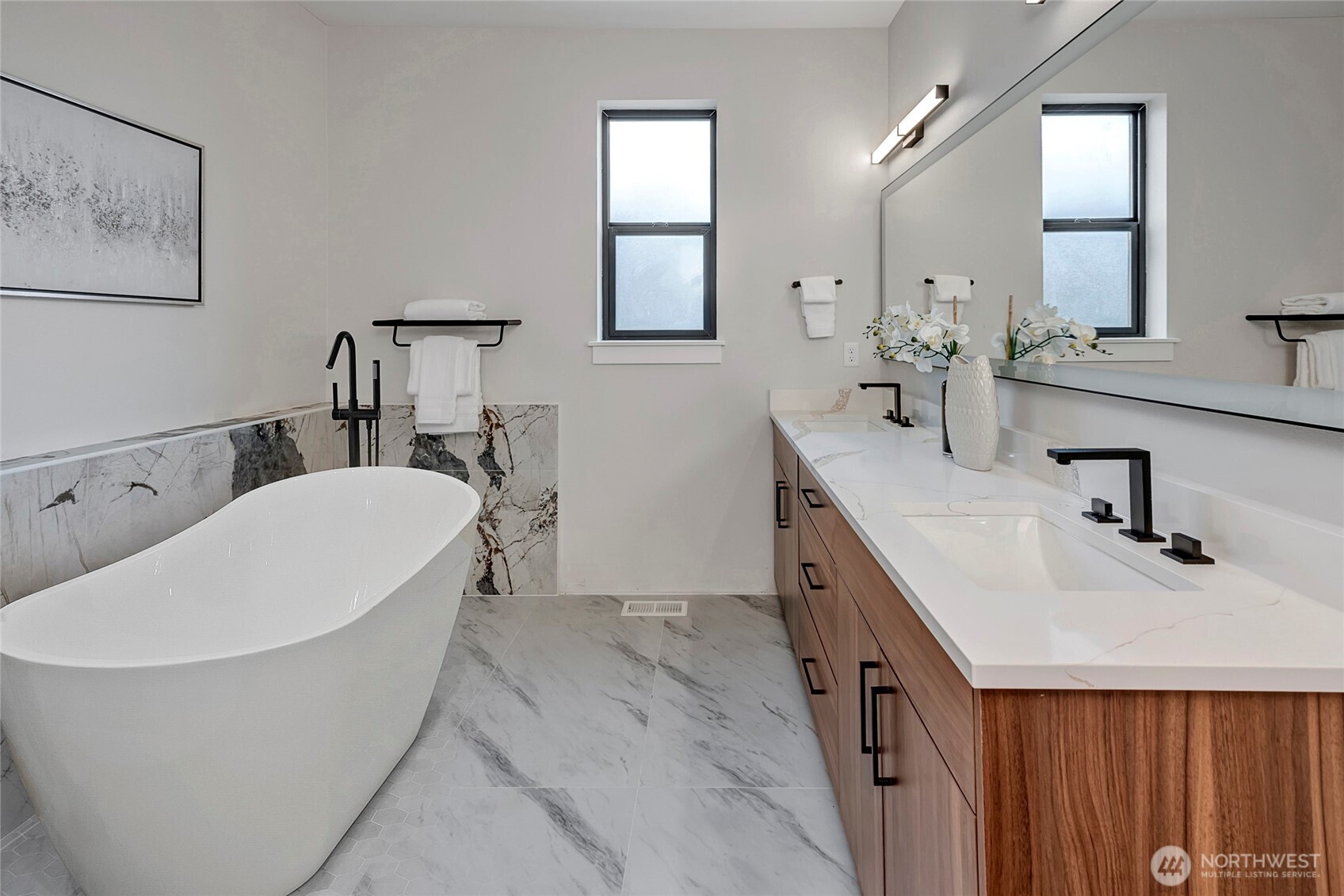 3926 214th Place Southeast, Unit B Bothell, WA 98021 - Photo 7 of 30 a bathroom with a double vanity sink mirror and bathtub