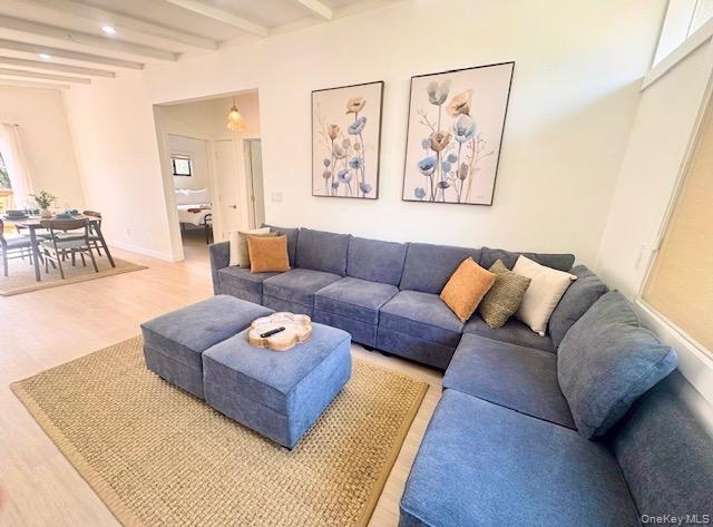 67 West Shore Road Kauneonga Lake, NY 12749 - Photo 2 of 17 Living room with light wood-type flooring, beamed ceiling, recessed lighting, and baseboards