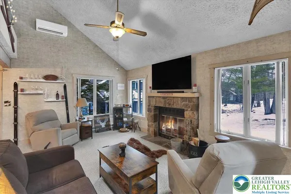 a living room with furniture a fireplace and a flat screen tv