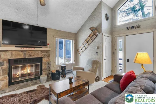 a living room with furniture a flat screen tv and a fireplace