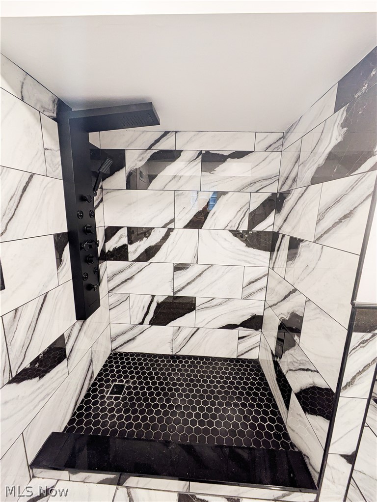 3554 Ludgate Road Shaker Heights, OH 44120 - Photo 47 of 50 Bathroom on the lower level with a walk-in shower featuring black and white marble-look wall tiles, a black hexagonal mosaic floor, and a matte black shower panel system