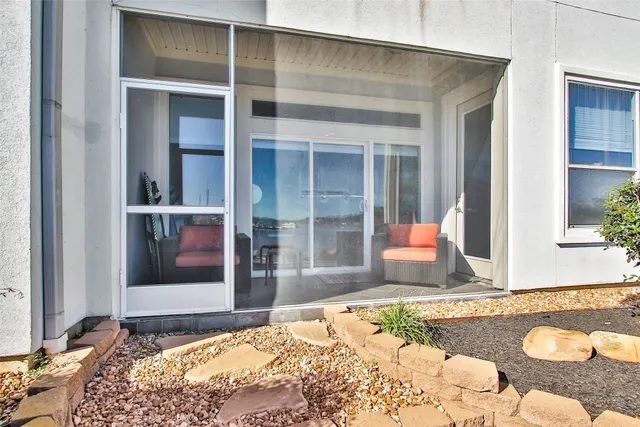 a front view of a house having patio