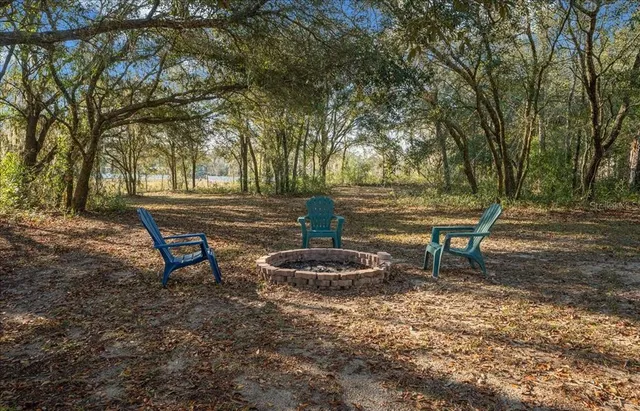 a bench is sitting in the middle of a yard