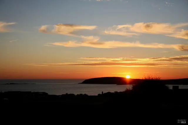 a sunset view with a lake