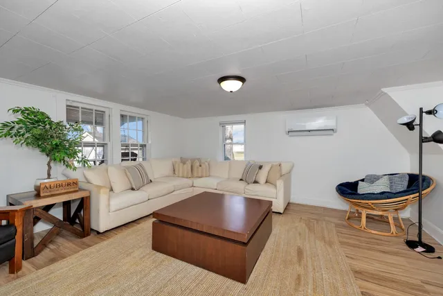 a living room with furniture and a potted plant
