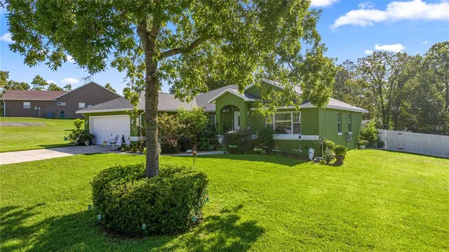 a view of a house with backyard and garden