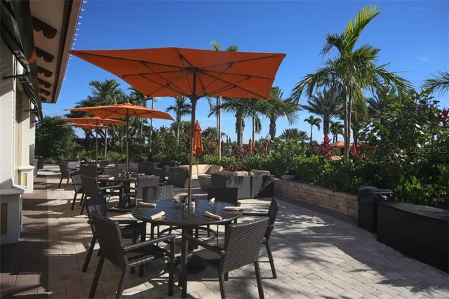 a view of patio with dining table and chairs under an umbrella