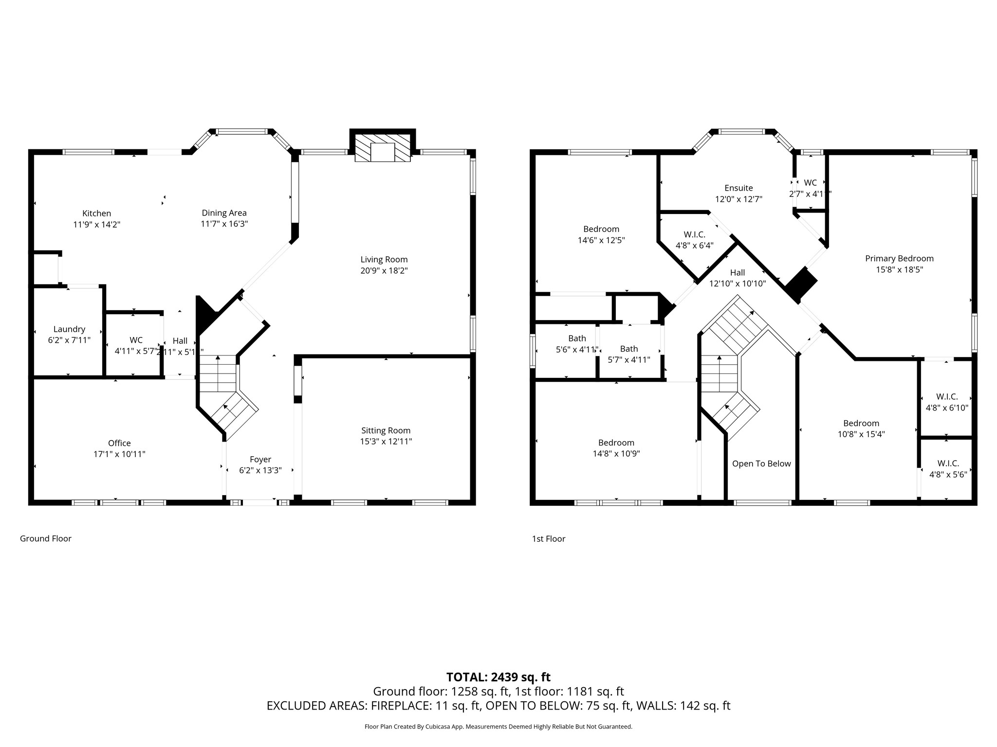 16114 Kintyre Point Road Houston, TX 77095 - Photo 44 of 44 This floor plan features a spacious two-story home totaling 2,439 sq ft. The ground floor includes a large living room, dining area, kitchen, office, and sitting room. Upstairs, there are four bedrooms, including a primary suite with an ensuite bathroom and walk-in closet. Additional features include a laundry room, multiple bathrooms, and ample storage.