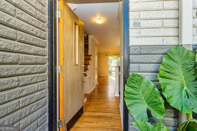a view of a balcony with door