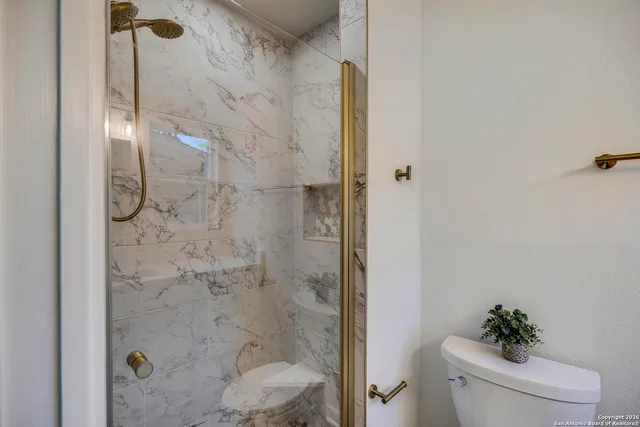 a bathroom with a shower and a toilet