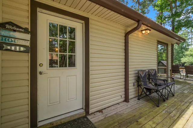 a porch with seating space